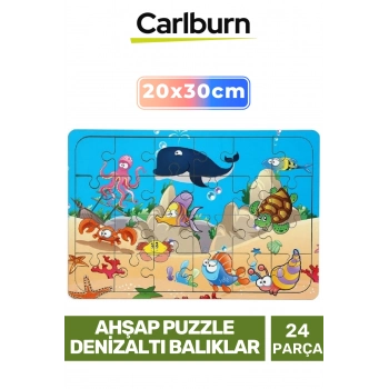 Premium Eğitici Zeka Geliştirici Öğretici Göz Koordinasyonu Ahşap Puzzle Denizaltı Balıklar 24 Parça