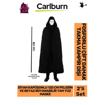 Parti Eğlence Siyah Kapüşonlu 120 cm Pelerin ve Beyaz Boyanabilir Tam Yüz Maske Kostüm Seti