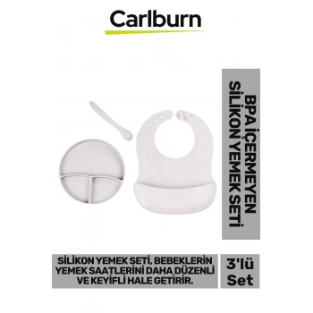 Özel Üretim BPA İçermeyen Kaymaz Önlük Diş Kaşıyıcı Kaşık Vakumlu Tabak 3’lü Silikon Gri Yemek Seti