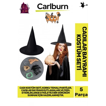 Özel Üretim Kaliteli Korku Temalı Uzun Sivri Şapkası Tırnakları Burnu Çenesi Dişi Cadı Kostüm Seti