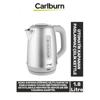 Premium 1800W 1.8 Litre Kapasiteli 304 Paslanmaz Çelik Otomatik Kapanan 360 Derece Dönen Kettle