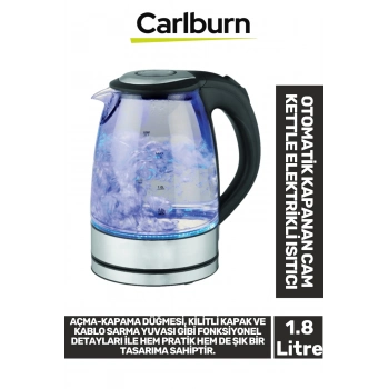 Premium 1500W Şeffaf Görüntü Su Seviye Takip Led Aydınlatma 1.8 Litre Cam Kettle Elektrikli Isıtıcı