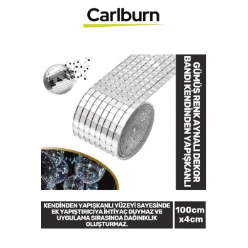 Premium Işık Yansıtan Parti Eğlence Gümüş Renk Aynalı Dekor Bandı Kendinden Yapışkanlı 100 cm x 4 cm