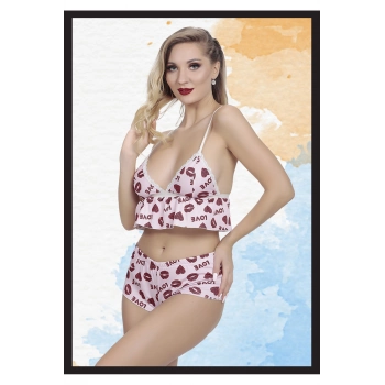 Özel Tasarım Fantezi Love Dudak Desenli Seksi Kadın Fantezi Alt Üst Takım