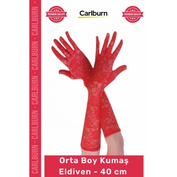 #Eldiven Şık Zarif 40 cm Yetişkin Kostüm Sahne Fotoğraf Çekimi Kırmızı Renk Orta Boy Kumaş Eldiven