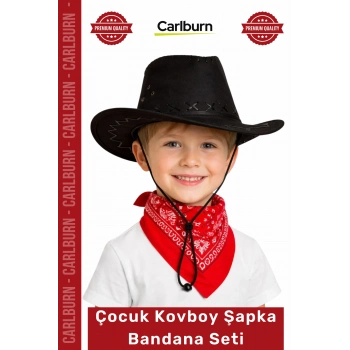 #KostümSeti Western Temalı Şık Kostüm Aksesuarı Çocuk Kovboy Şapka Siyah Kırmızı Bandana Seti