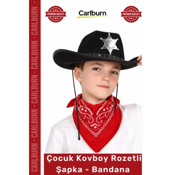 Özel Üretim Western Parti Kostüm Sheriff Rozet Şık Çocuk Kovboy Şapka Rozetli Siyah Kırmızı Bandana
