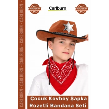 #Kostüm Western Parti Doğum Günü Kostüm Çocuk Kovboy Şapka Rozetli Kahverengi Kırmızı Bandana Seti