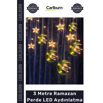 Fişli Yeşil Hilal Cami Yıldız Dekoratif Pencere Duvar Süsleme 3 mt Ramazan Ayı Perde Led Aydınlatma