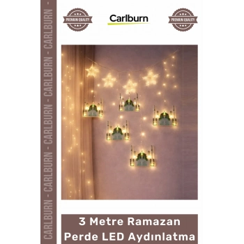 Fişli Yeşil Hilal Cami Yıldız Dekoratif Pencere Duvar Süsleme 3 mt Ramazan Ayı Perde Led Aydınlatma