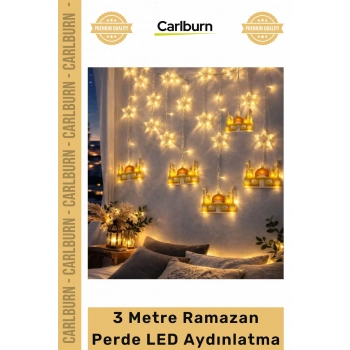 Fişli Sarı Hilal Cami Yıldız Dekoratif Pencere Duvar Süsleme 3 mt Ramazan Ayı Perde Led Aydınlatma