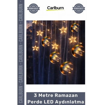 Fişli Sarı Hilal Cami Yıldız Dekoratif Pencere Duvar Süsleme 3 mt Ramazan Ayı Perde Led Aydınlatma