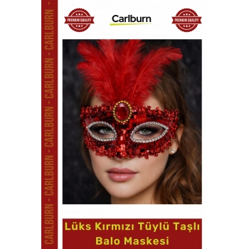 #Maske Gösterişli Payetli Taşlı Maskeli Balo Parti Eğlence Lüks Kırmızı Tüylü Taşlı Balo Maskesi