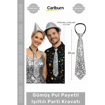 #Kravat Göz Alıcı Sahne Kostüm Aksesuarı Hazır Gümüş Renk Pul Payetli Işıltılı Parti Kravatı 33 cm