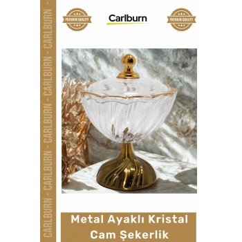 Özel Üretim Lüks Dekoratif Şık Lokumluk Metal Ayaklı Kristal Cam Şekerlik Gold Detaylı Sunumluk