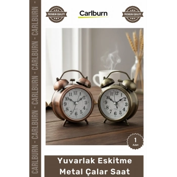 #Saat Retro Vintage Dekoratif Hediyelik Sessiz 8 cm Işıklı Yuvarlak Eskitme Metal Çalar Saat