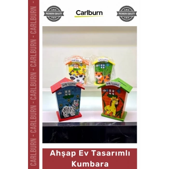Hediyelik Eğitici Çocuk Odası Dekoratif Hayvan Figürlü Doğal Şık Kaliteli Ahşap Ev Tasarımlı Kumbara
