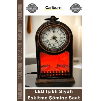 Özel Üretim Dekoratif Nostaljik Antika Masa Tasarım Pilli USB LED Işıklı Siyah Eskitme Şömine Saat