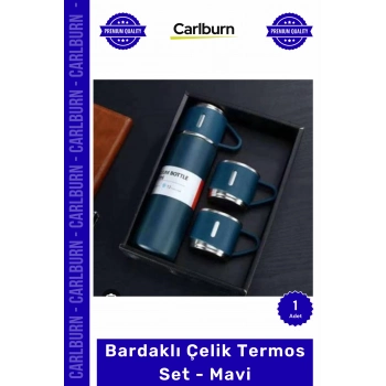 Özel Üretim Isı Yalıtımlı Paslanmaz Hediye Kutulu Vakumlu Sızdırmaz Bardaklı Çelik Termos Set Mavi