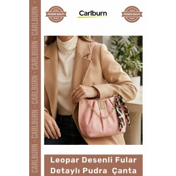 Özel Üretim Omuz Çantası Zincir Askılı Deri Leopar Desenli Fular Detaylı Pudra Pembesi Çanta