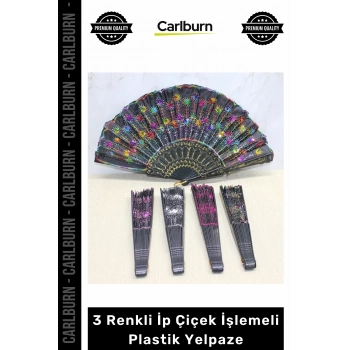 Özel Üretim Model 3 Renkli İp Çiçek İşlemeli Katlanabilir Taşınabilir Şık Dekoratif Plastik Yelpaze