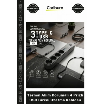 #Uzatma TypeC Şarjlı Dayanıklı 2500 Watt Termal Akım Korumalı 4 Prizli USB Girişli Uzatma Kablosu