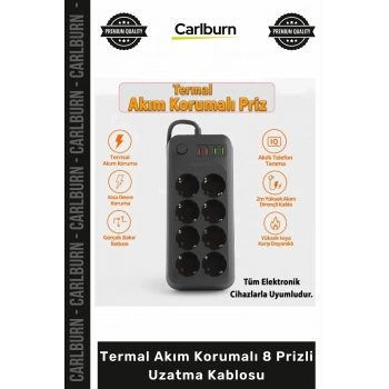 #Uzatma 4 USB Portlu IQ Akıllı Şarj Özellikli Bakır Grup Priz Termal Akım Korumalı 8 Prizli Uzatma