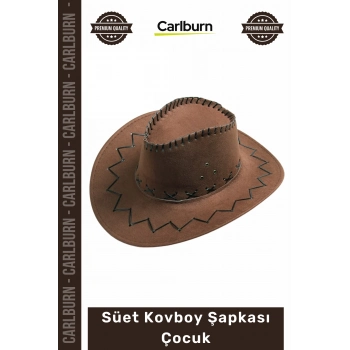 Özel Üretim Nubuk Kumaş Kostüm Parti Aksesuar Kahverengi Bağlama İpli Şık Süet Kovboy Şapkası Çocuk