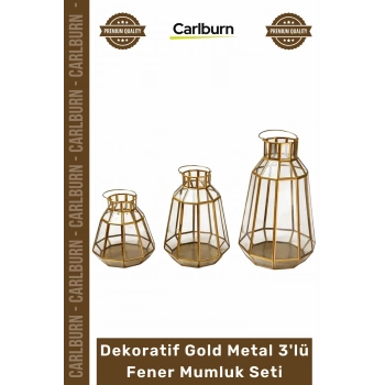 Özel Üretim Şık Estetik Geometrik Lüks Modern Salon Antre Dekoratif Gold Metal 3lü Fener Mumluk Set