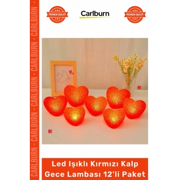 Özel Üretim Dekoratif Pilli Romantik 8cm Modeli Led Işıklı Kırmızı Kalp Gece Lambası 12li Paket