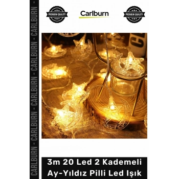 #Led Dekoratif Gece Lambası Süsleme Günışığı 3m 20 Led 2 Kademeli Ay- Yıldız Pilli Led Işık