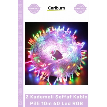 #LedIşık Dekoratif Yılbaşı Aydınlatma Renkli Işık 2 Kademeli Şeffaf Kablo Pilli 10m 60 Led RGB