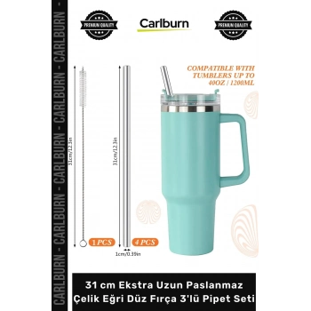 #PipetSeti Termos Bardak Ekolojik 31 cm Ekstra Uzun Paslanmaz Çelik Eğri Düz Fırça 3lü Pipet Seti