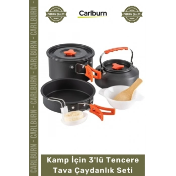 #KampSeti Katlanabilir Alüminyum Isı İletkenliği Yüksek Profesyonel Outdoor Piknik Kamp İçin 3lü Tencere Tava Çaydanlık Seti