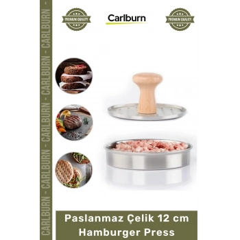Özel Üretim Paslanmaz Çelik Gövde Ahşap Saplı Izgara Desenli Köfte Şekillendirici 12 cm Hamburger Press