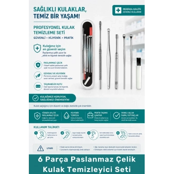 #KulakTemizleyici Kulak Bakım Aparatı Metal Temizleme Kiti 6 Parça Paslanmaz Çelik Kulak Temizleyici Seti