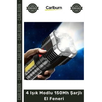 #ElFeneri Kamp Avcılık Outdoor Taşınabilir Güçlü LED Aydınlatma 4 Işık Modlu 150Mh Şarjlı El Fener