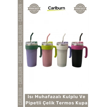 Özel Üretim Paslanmaz Çift Katmanlı Lüks Isı Muhafazalı Kulplu Pipetli Çelik Termos Kupa Bardak