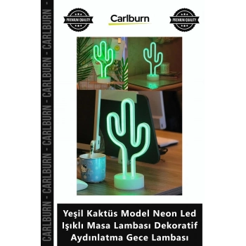 Özel Üretim Şık Yeşil Kaktüs Model Neon Led Işıklı Masa Lambası Dekoratif Aydınlatma Gece Lambası