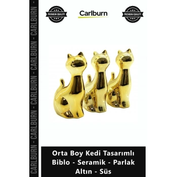 Özel Üretim Lüks Modern Dekoratif Obje Orta Boy Kedi Tasarımlı Biblo Seramik Parlak Altın Süs