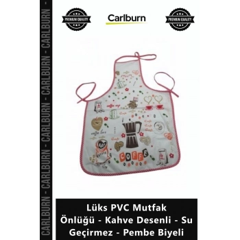 Özel Üretim Leke Tutmaz Şık Lüks PVC Mutfak Önlüğü Kahve Desenli Su Geçirmez Pembe Biyeli