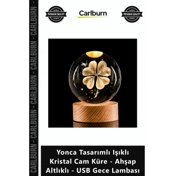 Özel Üretim Hediye Şans Yonca Tasarımlı Işıklı Kristal Cam Küre Ahşap Altlıklı USB Gece Lambası