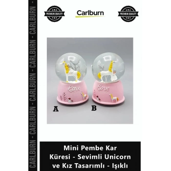 Özel Üretim Hediyelik Obje Dekor Mini Pembe Kar Küresi Sevimli Unicorn Kız Tasarımlı Işıklı