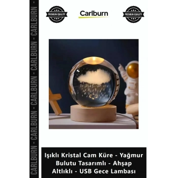 Özel Üretim Işıklı Kristal Cam Küre Yağmur Bulutu Tasarımlı Ahşap Altlıklı USB Gece Lambası