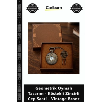 Özel Üretim Nostaljik Antika Geometrik Oymalı Tasarım Köstekli Zincirli Cep Saati Vintage Bronz