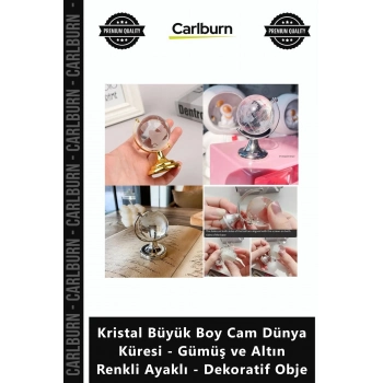 Özel Üretim Şık Kristal Büyük Boy Cam Dünya Küresi Gümüş Altın Renkli Ayaklı Dekoratif Obje