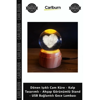 Özel Üretim Dönen Işıklı Cam Küre Kalp Tasarımlı Ahşap Görünümlü Stand USB Bağlantılı Gece Lambası