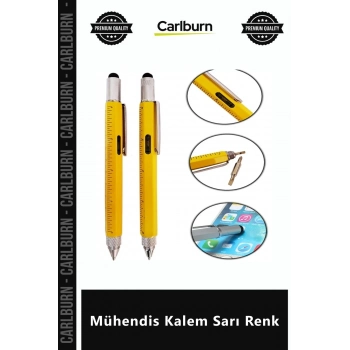 Özel Üretim Çok Fonksiyonlu Metal Cetvel Tornavida Su Terazisi Touchpen Mühendis Kalem Sarı Renk