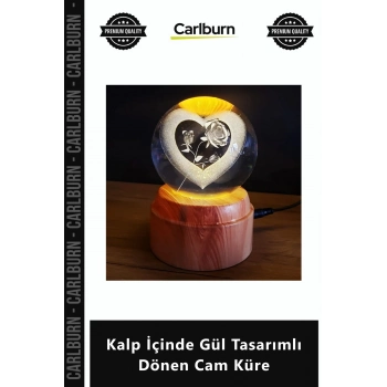 Özel Üretim Işıklı USB Hediyelik Romantik Gece Lambası Kalp İçinde Gül Tasarımlı Dönen Cam Küre