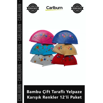 Özel Üretim Kaliteli Dekoratif Hediyelik Bambu Çift Taraflı Yelpaze Karışık Renkler 12li Paket